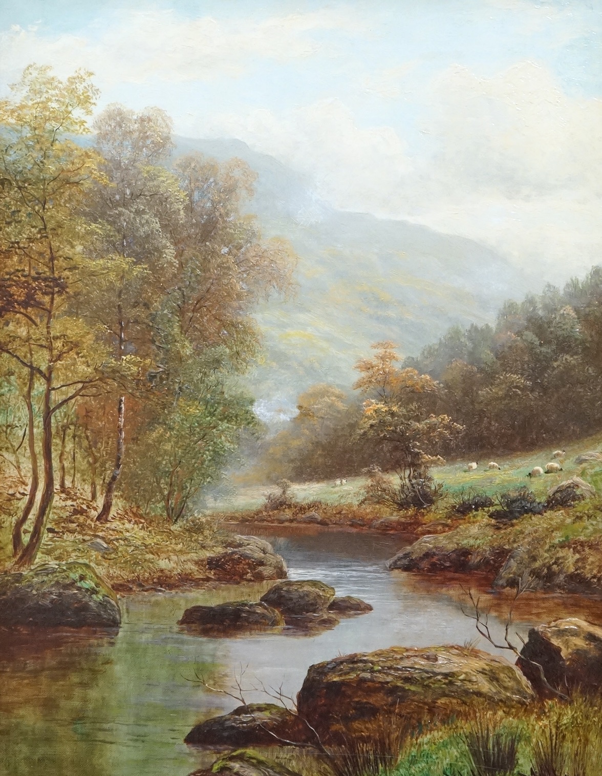 William Mellor (1851-1931), 'On The Dove, Dovedale, Derbyshire', signed, Eastbourne Fine Art label verso, oil on canvas, 44 x 34cm